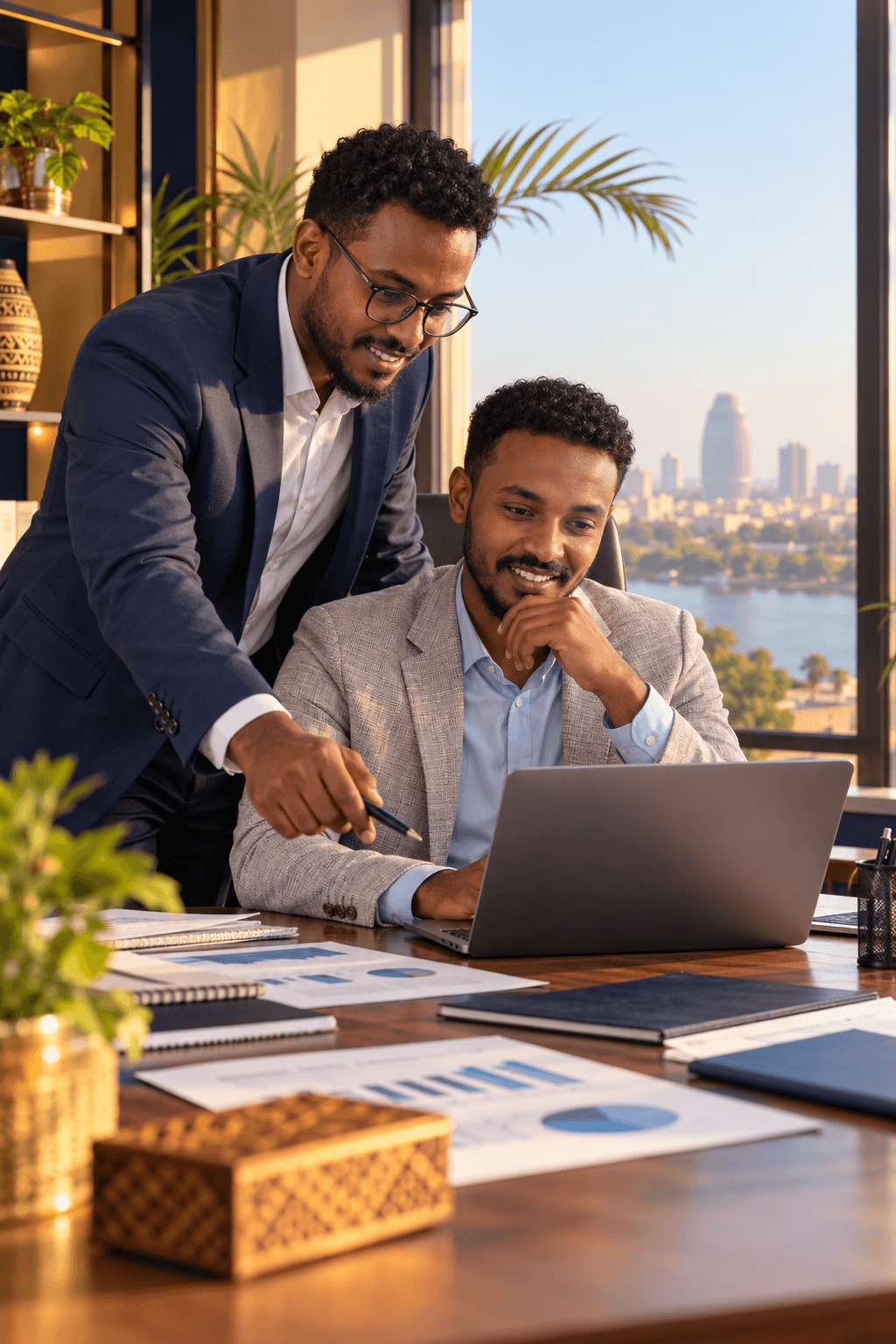 Two professionals reviewing growth charts on a laptop in a modern office overlooking a river
