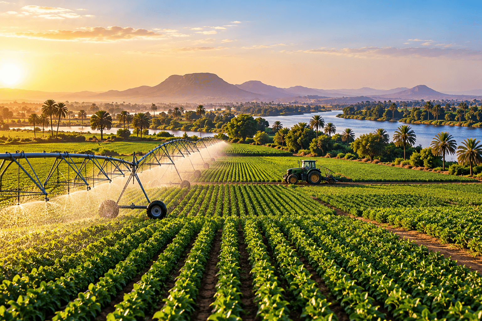 Irrigated farmland with a center-pivot irrigation system and a tractor beside a river in golden light