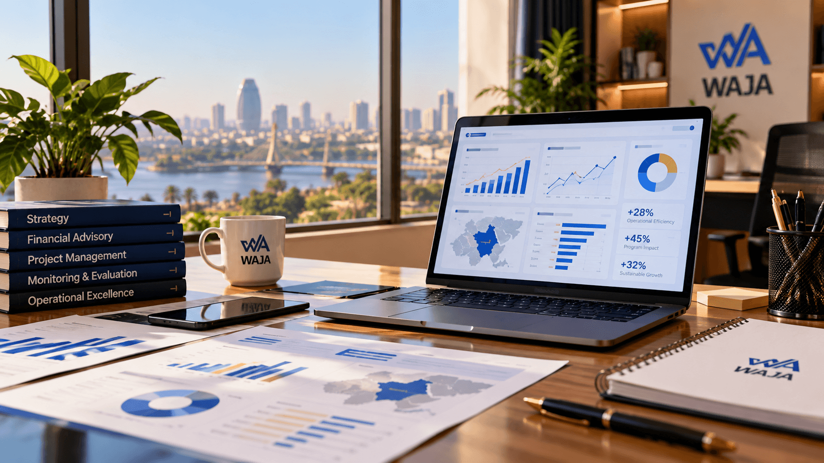 Laptop with analytics charts and printed reports on a desk overlooking a city and river